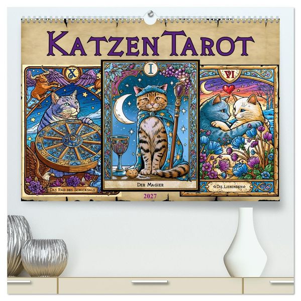 Katzentarot (hochwertiger Premium Wandkalender 2027 DIN A2 quer) Kunstdruck in Hochglanz