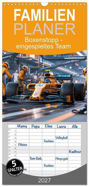 Familienplaner 2027 - Boxenstopp - eingespieltes Team mit 5 Spalten (Wandkalender 21 x 45 cm) CALVENDO