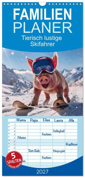 Familienplaner 2027 - Tierisch lustige Skifahrer mit 5 Spalten (Wandkalender 21 x 45 cm) CALVENDO