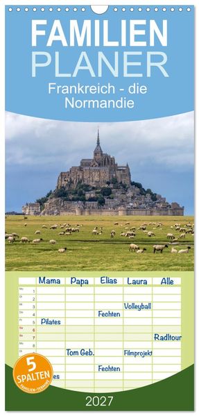 Familienplaner 2027 - Frankreich - die Normandie mit 5 Spalten (Wandkalender 21 x 45 cm) CALVENDO