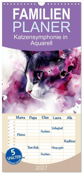 Familienplaner 2027 - Katzensymphonie in Aquarell mit 5 Spalten (Wandkalender 21 x 45 cm) CALVENDO