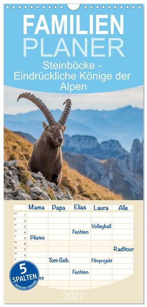 Familienplaner 2027 - Steinböcke - Eindrückliche Könige der Alpen mit 5 Spalten (Wandkalender 21 x 45 cm) CALVENDO