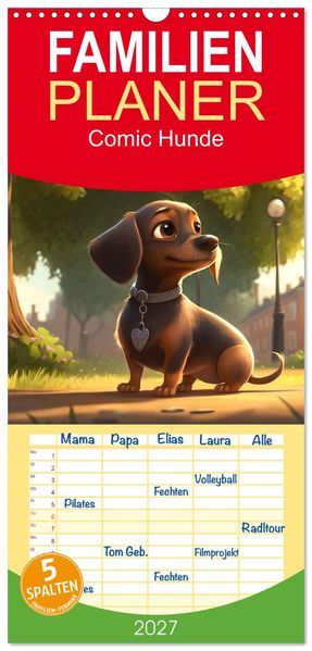 Familienplaner 2027 - Comic Hunde mit 5 Spalten (Wandkalender 21 x 45 cm) CALVENDO
