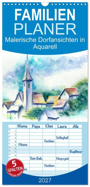 Familienplaner 2027 - Malerische Dorfansichten in Aquarell mit 5 Spalten (Wandkalender 21 x 45 cm) CALVENDO
