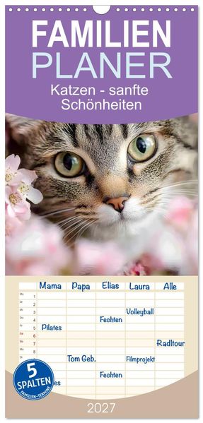 Familienplaner 2027 - Katzen - sanfte Schönheiten mit 5 Spalten (Wandkalender 21 x 45 cm) CALVENDO