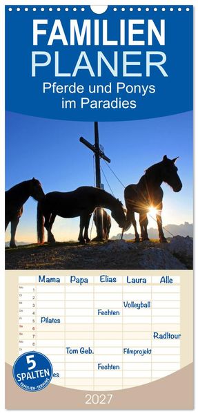 Familienplaner 2027 - Pferde und Ponys im Paradies mit 5 Spalten (Wandkalender 21 x 45 cm) CALVENDO