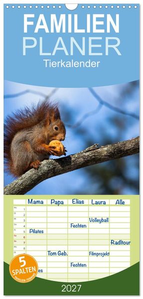 Familienplaner 2027 - Tierkalender 2027 mit 5 Spalten (Wandkalender 21 x 45 cm) CALVENDO