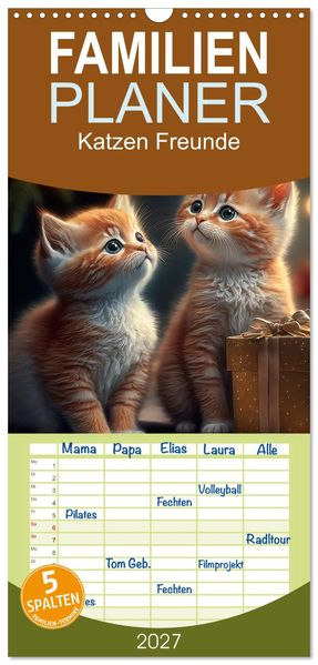 Familienplaner 2027 - Katzen Freunde mit 5 Spalten (Wandkalender 21 x 45 cm) CALVENDO