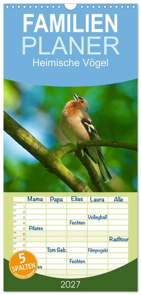 Familienplaner 2027 - Heimische Vögel mit 5 Spalten (Wandkalender 21 x 45 cm) CALVENDO