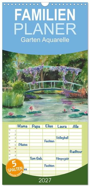 Familienplaner 2027 - Garten Aquarelle mit 5 Spalten (Wandkalender 21 x 45 cm) CALVENDO
