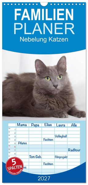 Familienplaner 2027 - Nebelung Katzen mit 5 Spalten (Wandkalender 21 x 45 cm) CALVENDO