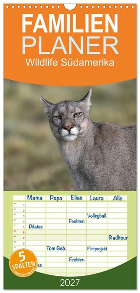 Familienplaner 2027 - Wildlife Südamerika mit 5 Spalten (Wandkalender 21 x 45 cm) CALVENDO