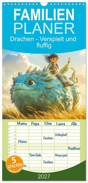 Familienplaner 2027 - Drachen - Verspielt und fluffig mit 5 Spalten (Wandkalender 21 x 45 cm) CALVENDO