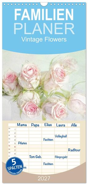 Familienplaner 2027 - Vintage Flowers mit 5 Spalten (Wandkalender 21 x 45 cm) CALVENDO