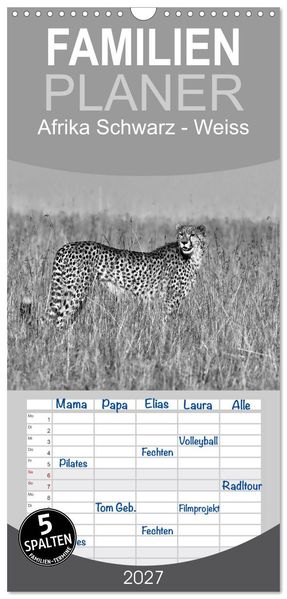 Familienplaner 2027 - Afrika Schwarz - Weiss mit 5 Spalten (Wandkalender 21 x 45 cm) CALVENDO