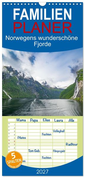 Familienplaner 2027 - Norwegens wunderschöne Fjorde mit 5 Spalten (Wandkalender 21 x 45 cm) CALVENDO