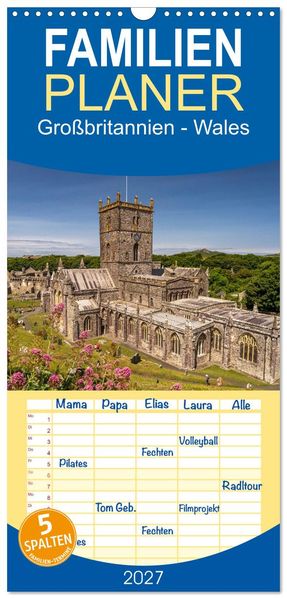 Familienplaner 2027 - Großbritannien - Wales mit 5 Spalten (Wandkalender 21 x 45 cm) CALVENDO