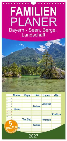 Familienplaner 2027 - Bayern - Seen Berge Landschaft mit 5 Spalten (Wandkalender 21 x 45 cm) CALVENDO