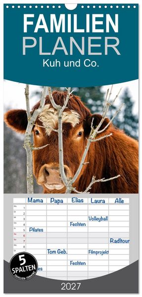 Familienplaner 2027 - Kuh und Co. mit 5 Spalten (Wandkalender 21 x 45 cm) CALVENDO
