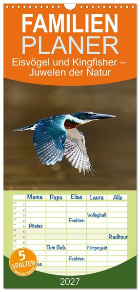 Familienplaner 2027 - Eisvögel und Kingfisher - Juwelen der Natur mit 5 Spalten (Wandkalender 21 x 45 cm) CALVENDO