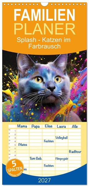 Familienplaner 2027 - Splash - Katzen im Farbrausch mit 5 Spalten (Wandkalender 21 x 45 cm) CALVENDO
