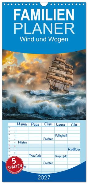 Familienplaner 2027 - Wind und Wogen mit 5 Spalten (Wandkalender 21 x 45 cm) CALVENDO