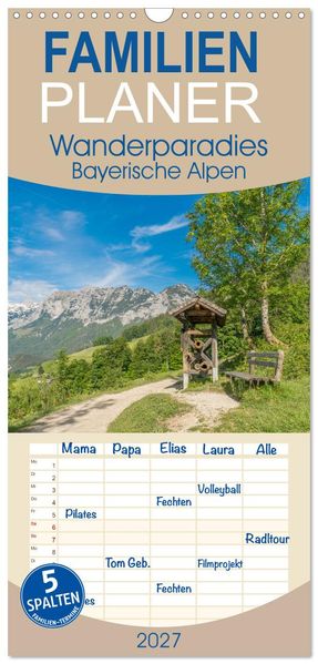 Familienplaner 2027 - Wanderparadies Bayerische Alpen mit 5 Spalten (Wandkalender 21 x 45 cm) CALVENDO