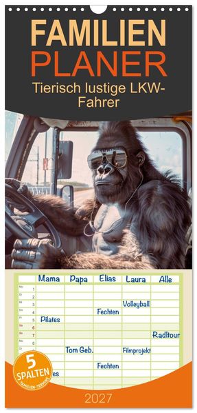 Familienplaner 2027 - Tierisch lustige LKW-Fahrer mit 5 Spalten (Wandkalender 21 x 45 cm) CALVENDO