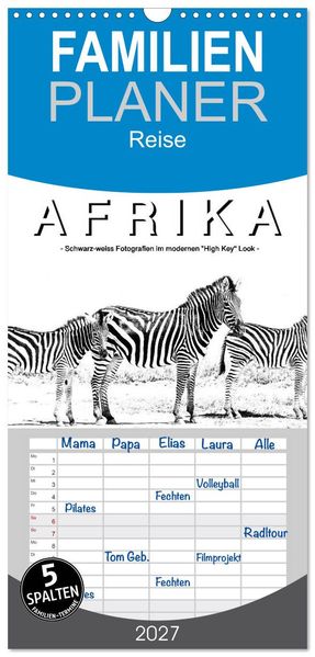 Familienplaner 2027 - AFRIKA - Schwarz-weiss Fotografien im modernen 'High Key' Look mit 5 Spalten (Wandkalender 21 x 45 cm) CALVENDO