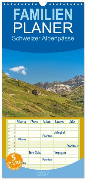 Familienplaner 2027 - Schweizer Alpenpässe mit 5 Spalten (Wandkalender 21 x 45 cm) CALVENDO