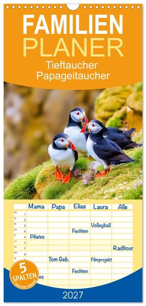Familienplaner 2027 - Tieftaucher Papageitaucher mit 5 Spalten (Wandkalender 21 x 45 cm) CALVENDO