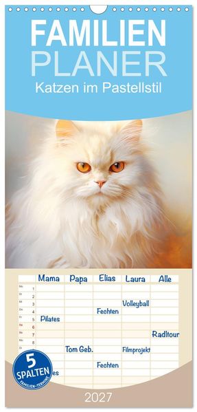 Familienplaner 2027 - Katzen im Pastellstil mit 5 Spalten (Wandkalender 21 x 45 cm) CALVENDO