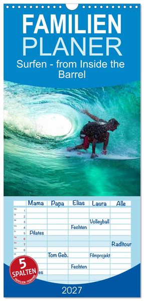 Familienplaner 2027 - Surfen - from Inside the Barrel mit 5 Spalten (Wandkalender 21 x 45 cm) CALVENDO