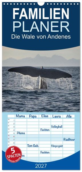 Familienplaner 2027 - Die Wale von Andenes mit 5 Spalten (Wandkalender 21 x 45 cm) CALVENDO