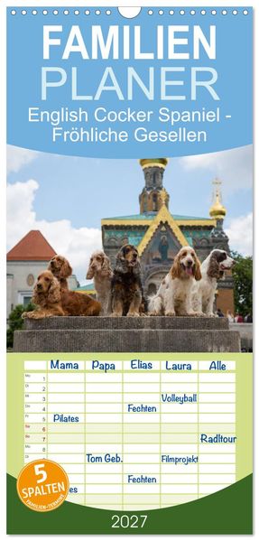 Familienplaner 2027 - English Cocker Spaniel - Fröhliche Gesellen mit 5 Spalten (Wandkalender 21 x 45 cm) CALVENDO