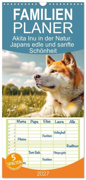 Familienplaner 2027 - Akita Inu in der Natur. Japans edle und sanfte Schönheit mit 5 Spalten (Wandkalender 21 x 45 cm) CALVENDO