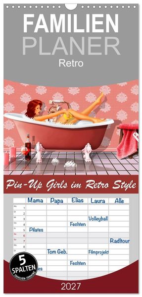 Familienplaner 2027 - Pin-Up Girls im Retro Style by Mausopardia mit 5 Spalten (Wandkalender 21 x 45 cm) CALVENDO