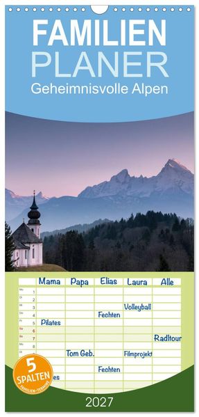 Familienplaner 2027 - Geheimnisvolle Alpen mit 5 Spalten (Wandkalender 21 x 45 cm) CALVENDO