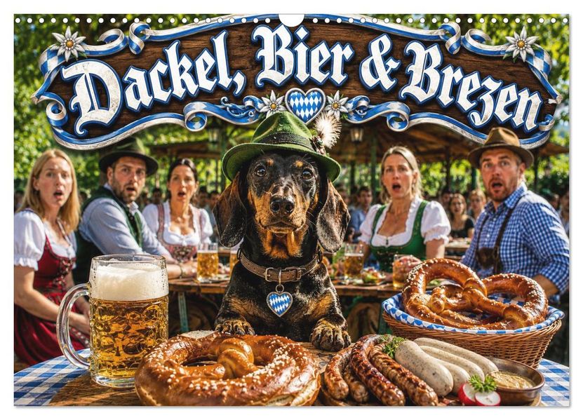 Dackel Bier und Brezen (Wandkalender 2027 DIN A3 quer) CALVENDO Monatskalender