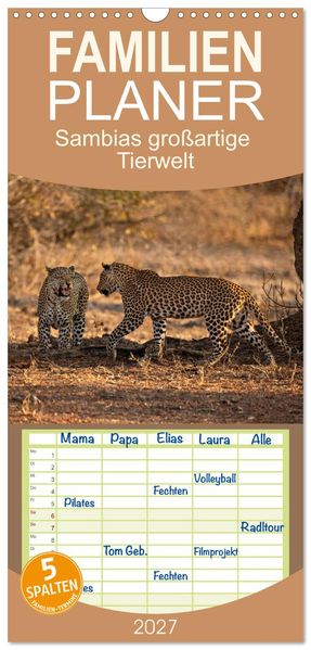 Familienplaner 2027 - Sambias großartige Tierwelt mit 5 Spalten (Wandkalender 21 x 45 cm) CALVENDO