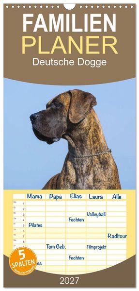 Familienplaner 2027 - Deutsche Dogge mit 5 Spalten (Wandkalender 21 x 45 cm) CALVENDO
