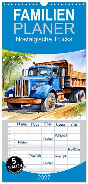 Familienplaner 2027 - Nostalgische Trucks mit 5 Spalten (Wandkalender 21 x 45 cm) CALVENDO
