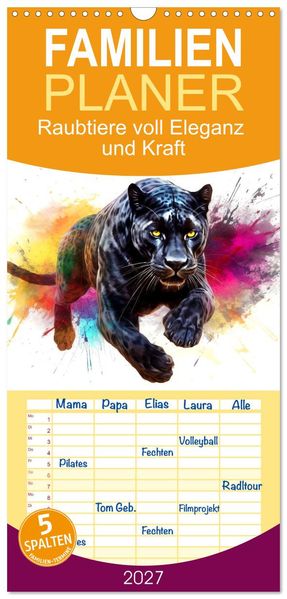 Familienplaner 2027 - Raubtiere voll Eleganz und Kraft mit 5 Spalten (Wandkalender 21 x 45 cm) CALVENDO