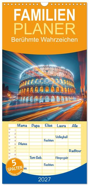 Familienplaner 2027 - Berühmte Wahrzeichen mit 5 Spalten (Wandkalender 21 x 45 cm) CALVENDO