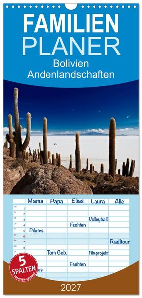 Familienplaner 2027 - Bolivien Andenlandschaften mit 5 Spalten (Wandkalender 21 x 45 cm) CALVENDO