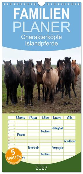 Familienplaner 2027 - Charakterköpfe Islandpferde mit 5 Spalten (Wandkalender 21 x 45 cm) CALVENDO