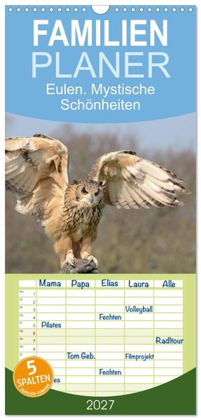 Familienplaner 2027 - Eulen. Mystische Schönheiten mit 5 Spalten (Wandkalender 21 x 45 cm) CALVENDO