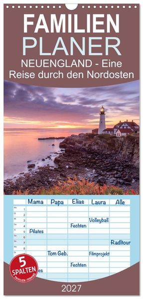 Familienplaner 2027 - NEUENGLAND - Eine Reise durch den Nordosten der USA mit 5 Spalten (Wandkalender 21 x 45 cm) CALVENDO