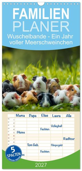 Familienplaner 2027 - Wuschelbande - Ein Jahr voller Meerschweinchen mit 5 Spalten (Wandkalender 21 x 45 cm) CALVENDO
