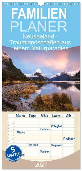 Familienplaner 2027 - Neuseeland - Traumlandschaften aus einem Naturparadies mit 5 Spalten (Wandkalender 21 x 45 cm) CALVENDO